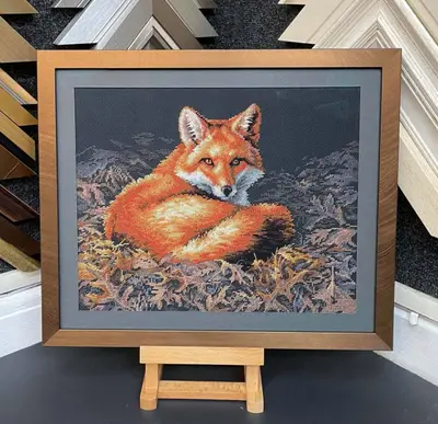 Fox cross-stitch in a copper moulding with a grey mount framed by Tripps of Keynsham