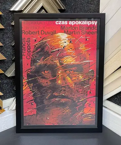 Red graphic poster in a slim black frame framed by Tripps of Keynsham