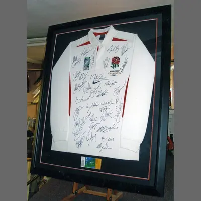 Signed England rugby shirt in a deep frame framed by Tripps of Keynsham